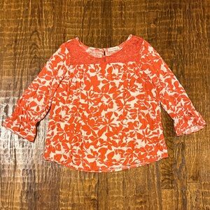 Retrology Orange Floral Boho Top Lace Yoke Bell Sleeve | Size M